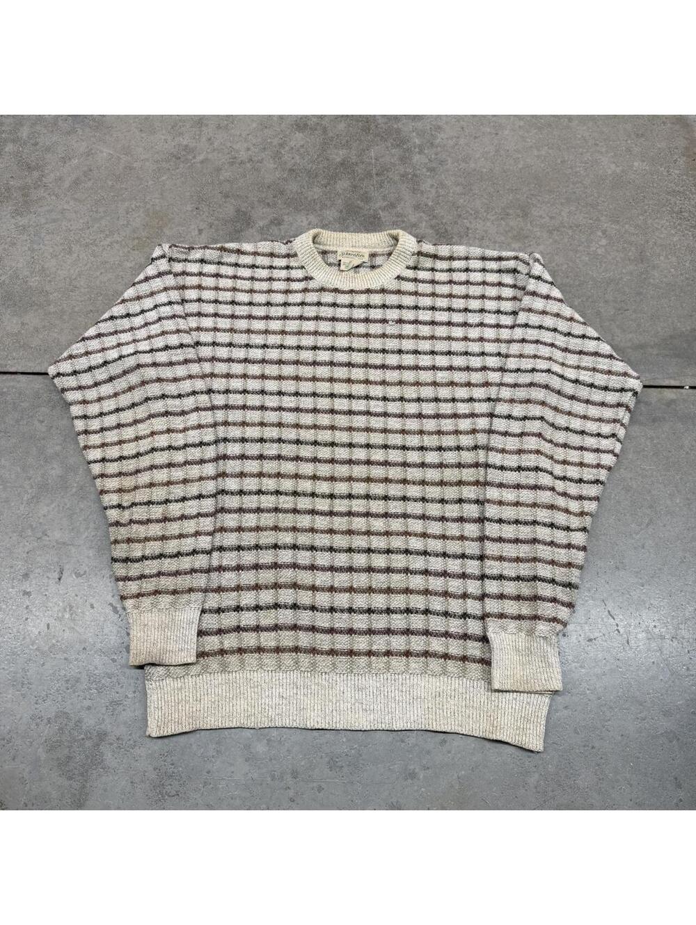 vintage st johns bay grey beige and olive striped knit sweater large HAS STAINS